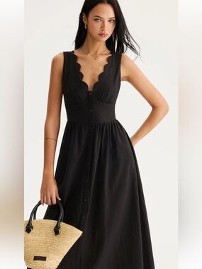 Commense Scalloped Neckline Tie-Back Cotton Maxi Dress